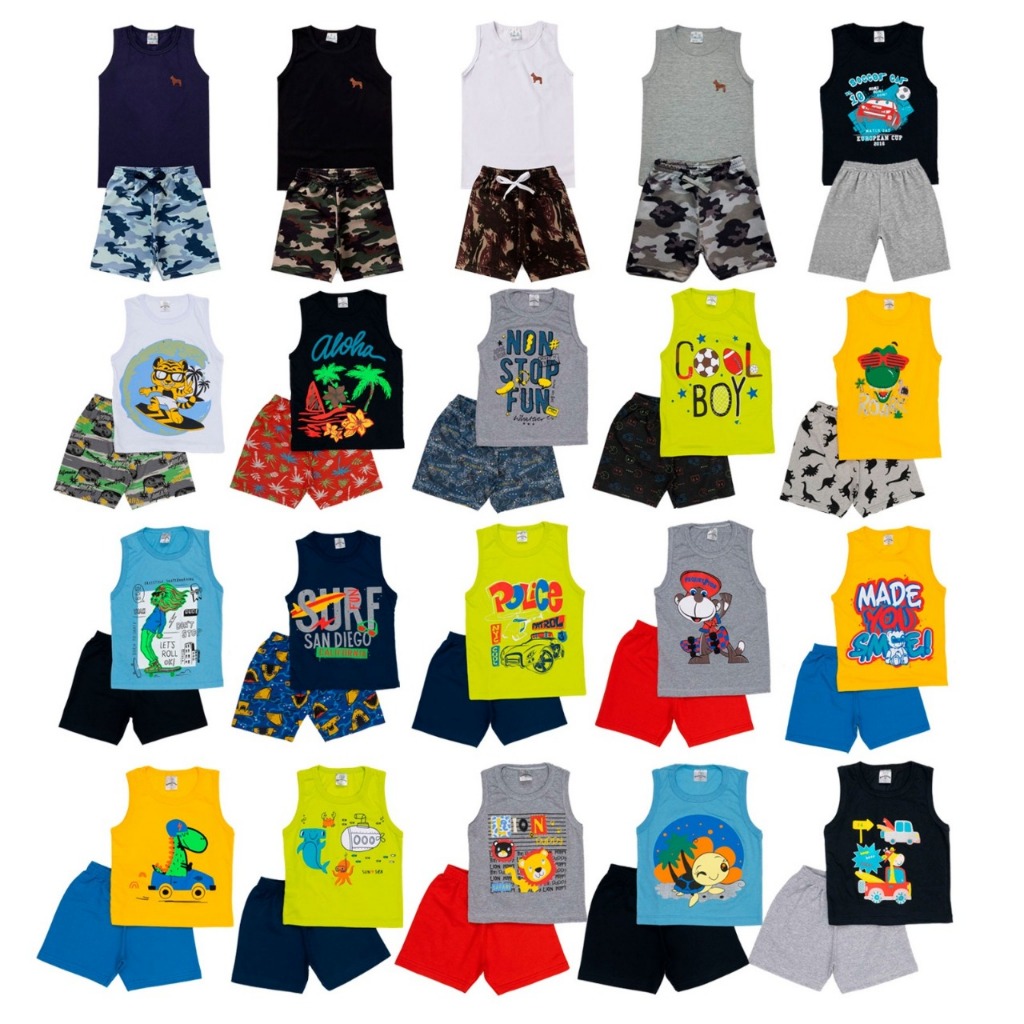 Kit 20 peças de menino infantil são 10 conjuntos 5 regatas e 5 camisas bermuda verão tamanhos 1 ao 8