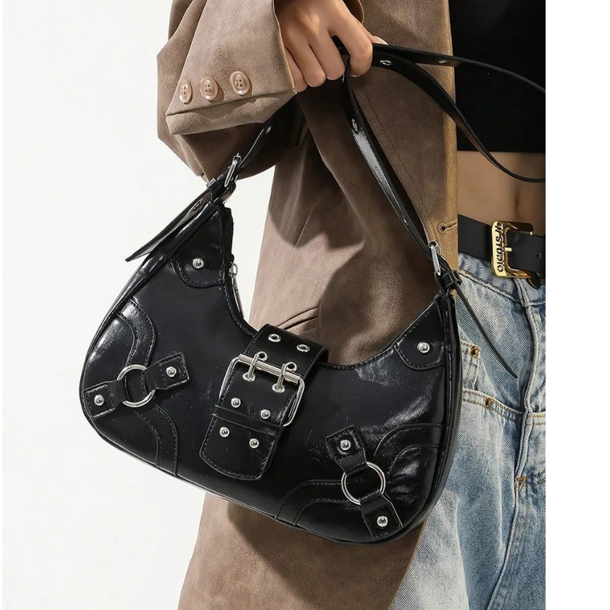 Bolsa Feminina Media De Ombro Baguete Para Festa Festival Rock Y2K Bolsa Preta Prateada Com Fivela em Oferta na Shopee