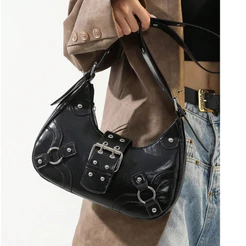 Bolsa Feminina Media De Ombro Baguete Para Festa Festival Rock Y2K Bolsa Preta Prateada Com Fivela