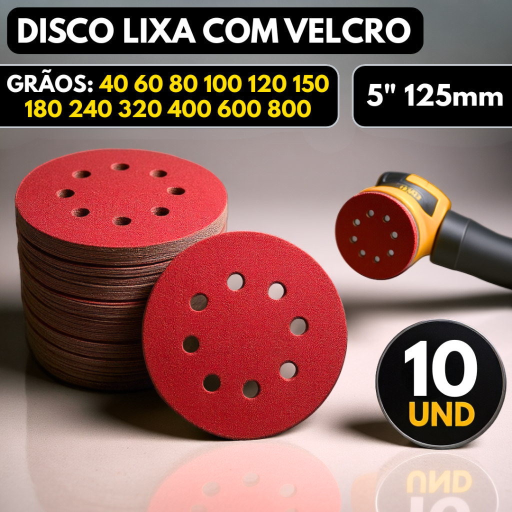 Kit 10 Disco de Lixa Velcro Circular 125mm 8 Furos Kit Lixadeira Roto Orbital para Ferro Metal Madeira Massa em Oferta na Shopee