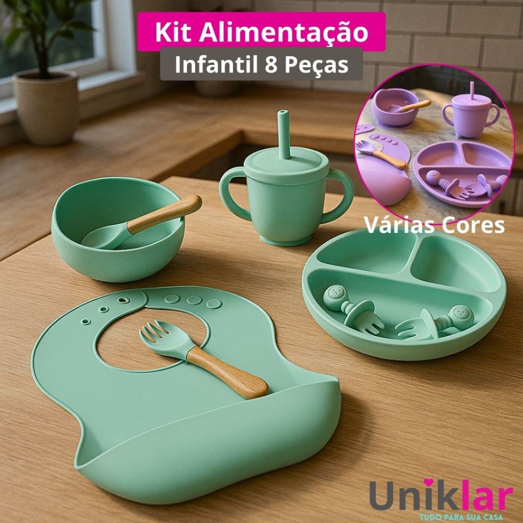 Kit Alimentação Infantil Silicone 8 Peças Prato Tigela Copo Babador Colher Garfo Infantil em Oferta na Shopee