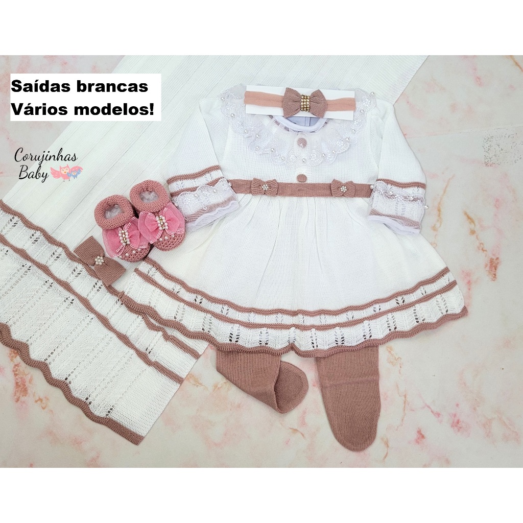 Saída de maternidade menina em tricô /tricot branca com rosê com vestido luxo feminina em Oferta na Shopee
