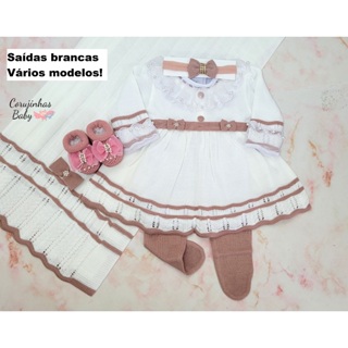 Saída de maternidade menina em tricô /tricot branca com rosê com vestido luxo feminina em Oferta na Shopee