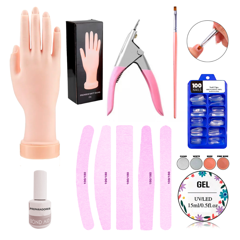 Kit Mão de Treino Completo Gel Tips Pincel Primer Cortador Lixa Manicure Unhas Gel Porcelana Fibra em Oferta na Shopee
