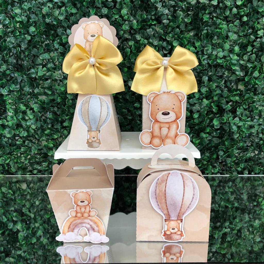 KIT FESTA CAIXINHAS PERSONALIZADAS CHÁ REVELAÇÃO URSINHO MARROM CHÁ DE BEBE LEMBRANCINHAS