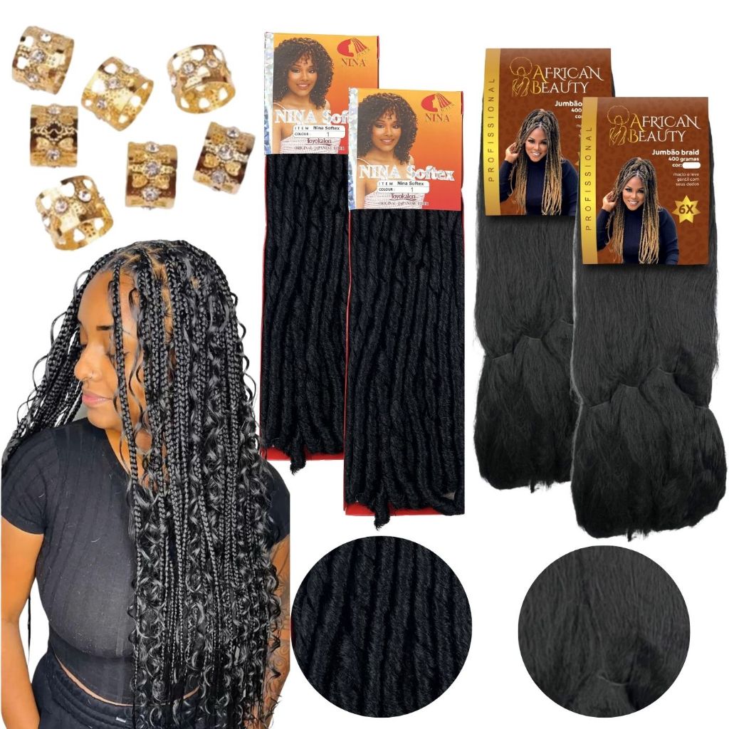 Kit Cabelo 2 Nina Softex 100g e 2 Jumbo 400g African Beauty Fibra Sintética Premium Para Tranças Afro Box Braids e Twist em Oferta na Shopee