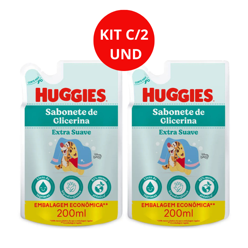 KIT C/2 Refil Sabonete Líquido Infantil Huggies Extra Suave Da Cabeça aos Pés 200ml em Oferta na Shopee