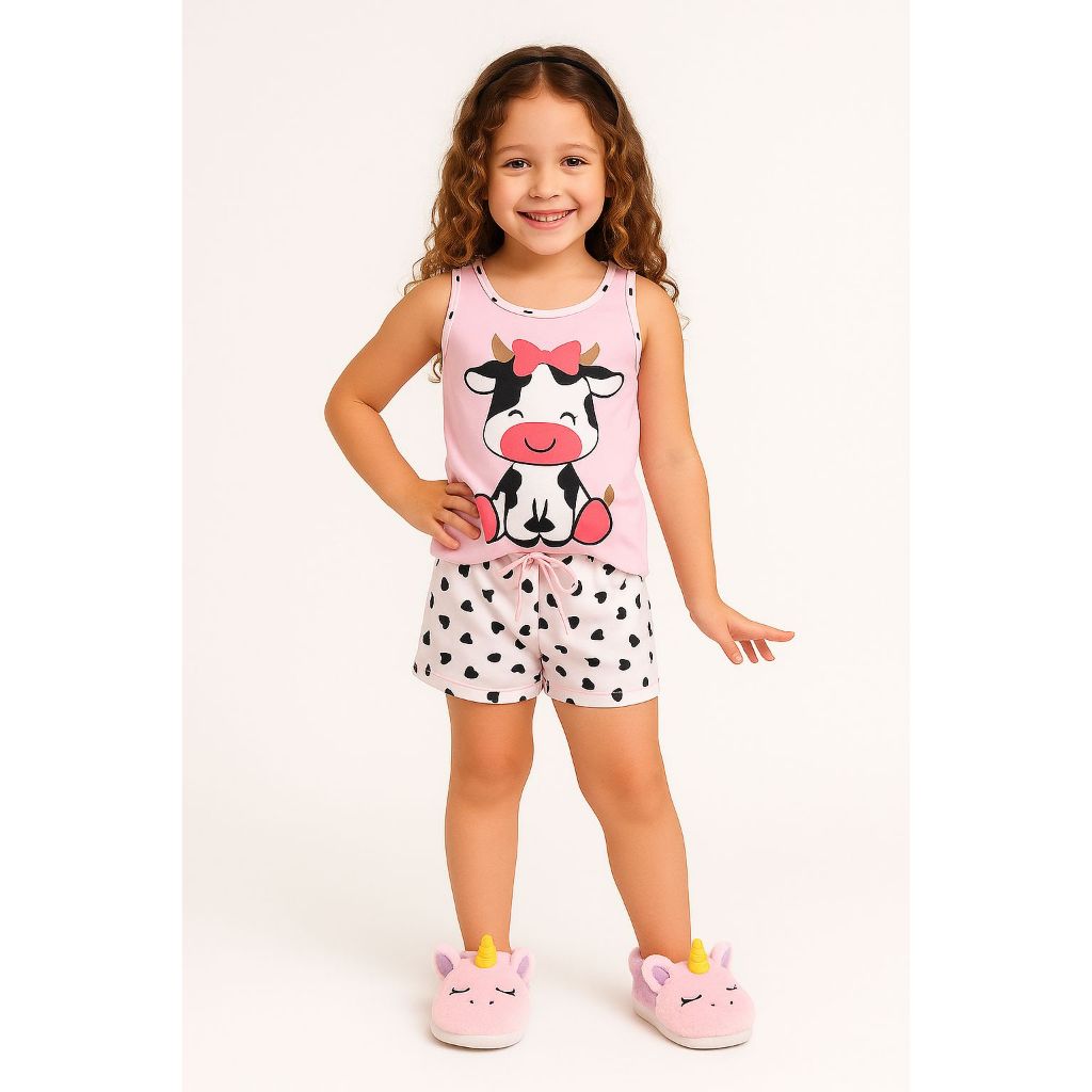 Conjunto Pijama vaquinha  infantil menina regata e short  verão juvenil personagem  confortável estiloso conjunto em Oferta na Shopee