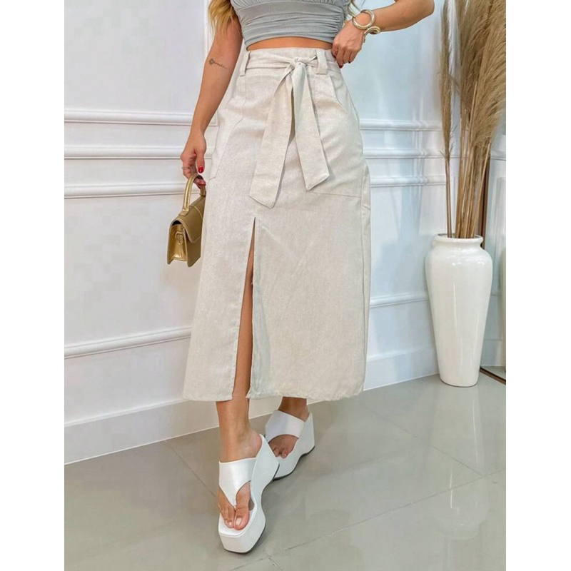 Saia Feminina Midi Linho Moda Evangélica Com Cinto no Material do Tecido Cintura Alta em Oferta na Shopee