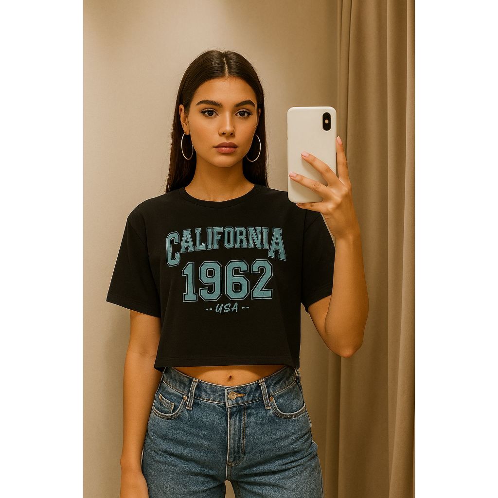 Cropped Feminino California Oversized Camiseta Algodão Estilo Street