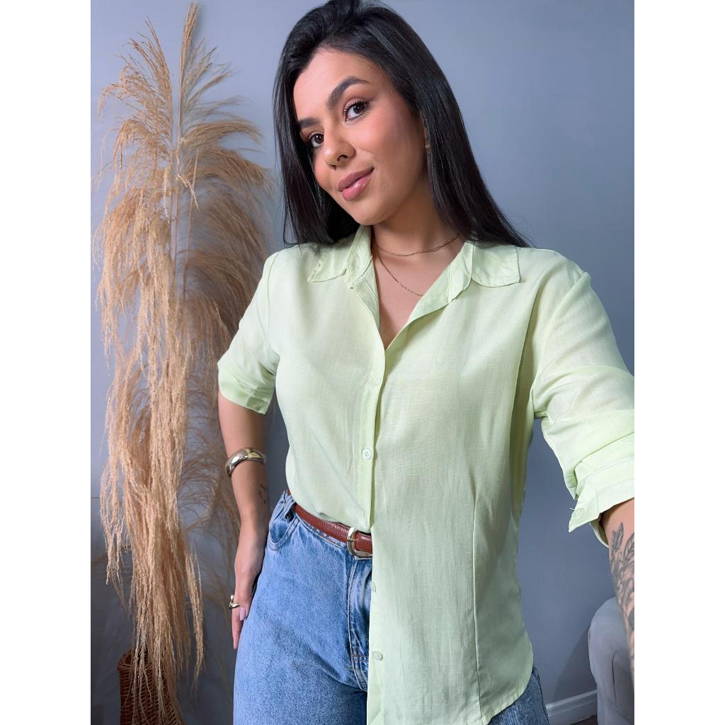 Camisa Feminina Social Manga Longa  Blusa Casual Trabalho Estudos Botões Frontais Camisete