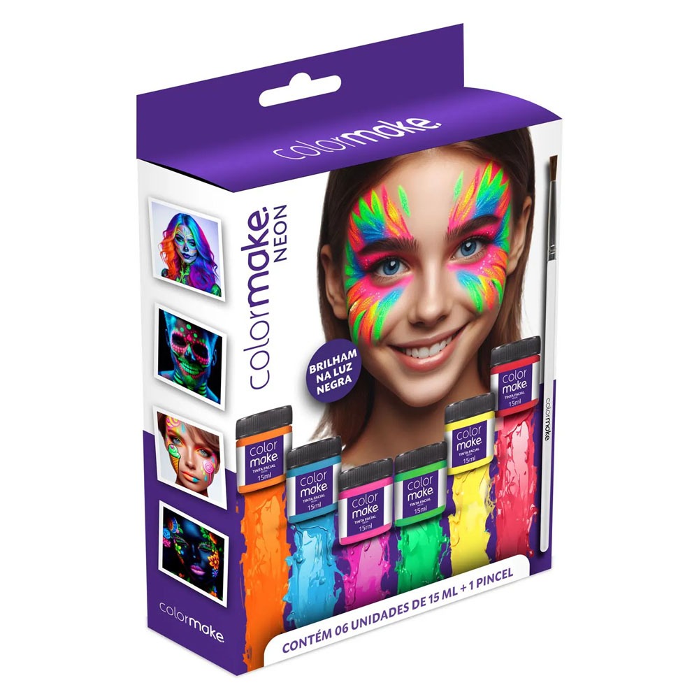 Kit Tinta Facial Líquida Fluorescente 6 Cores Neon 15ml + 1 Pincel ColorMake