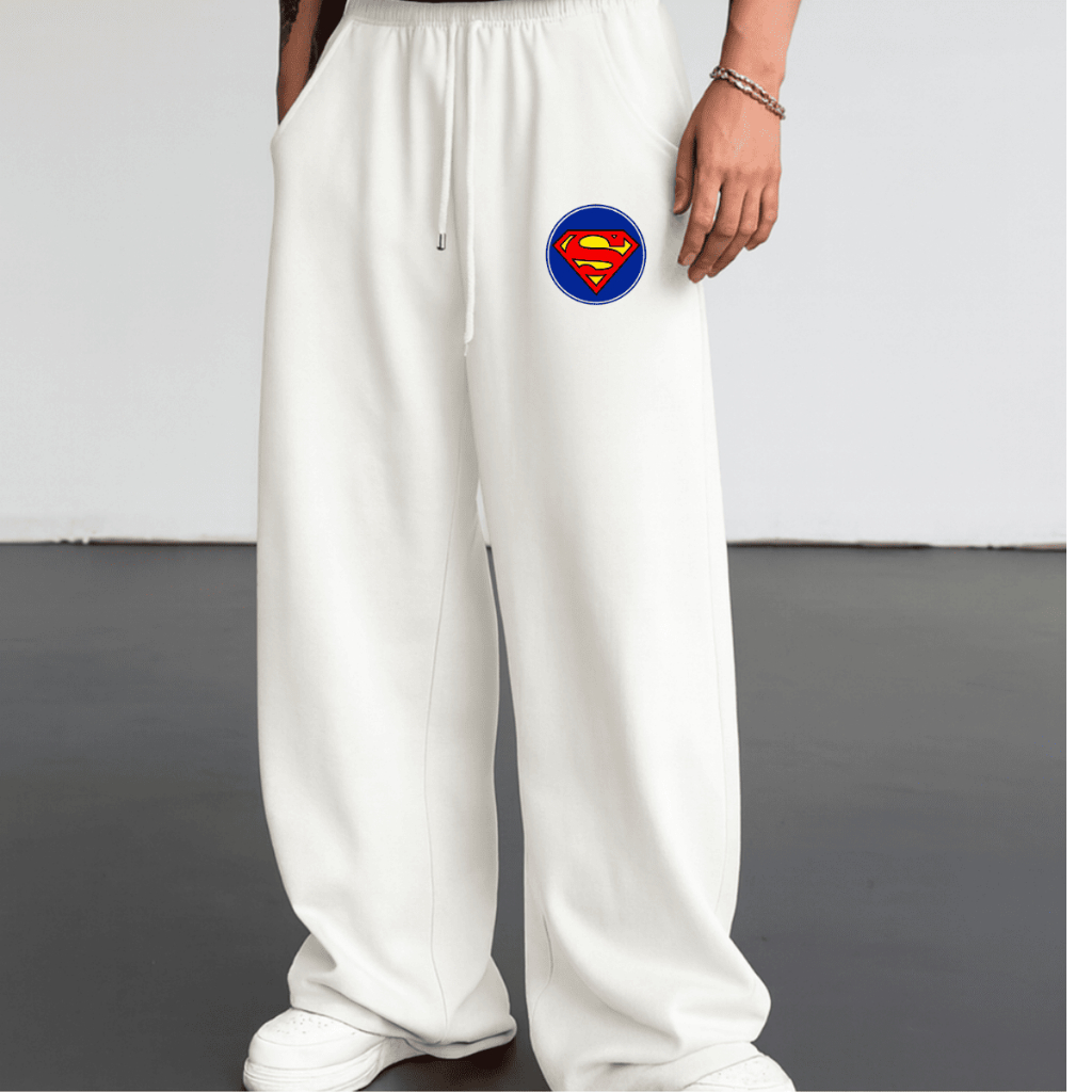 Calça Wide Leg Urban Style Moletom Confortável Unissex Estampada Premium Logo Super Man