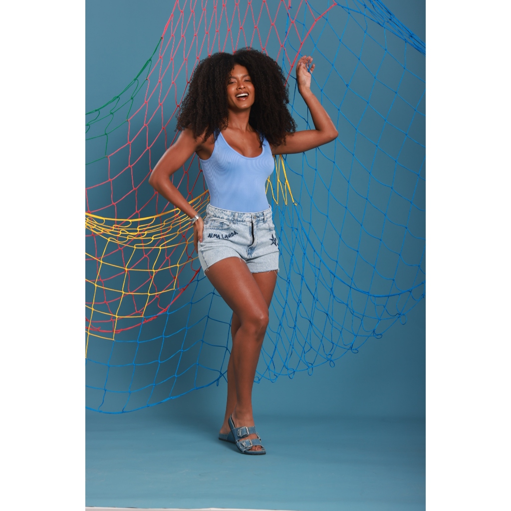 Short Jeans Bordado Alma Lavada RJ - Short feminino tendencia moda blogueira verão praia alta qualidade glitter jeans