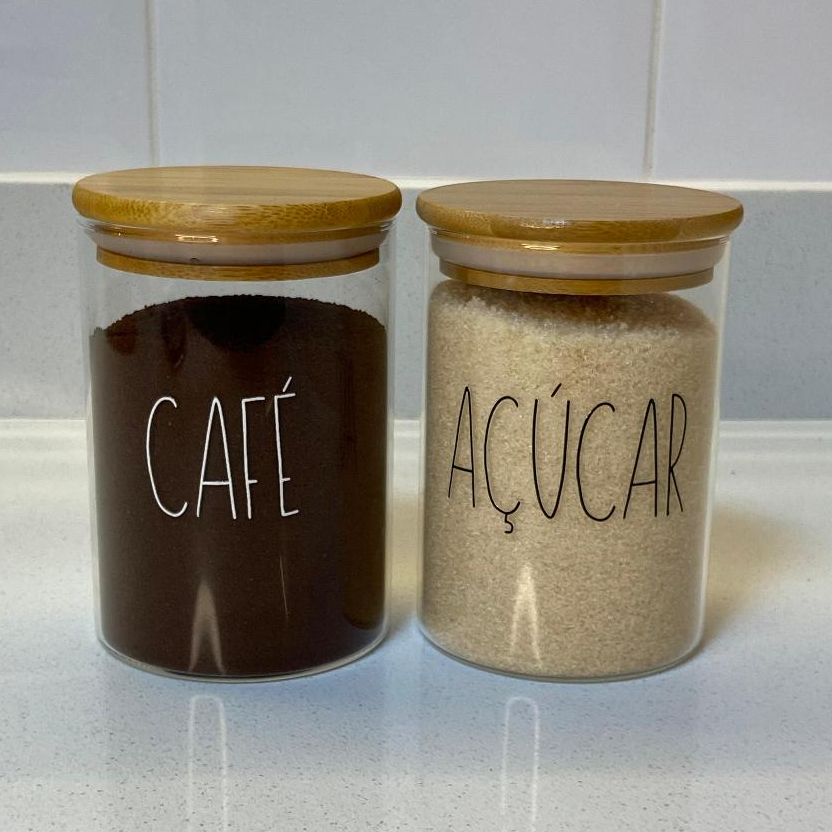 Kit Potes Herméticos Café Açúcar Sal de Vidro e Bambu 550/950ml