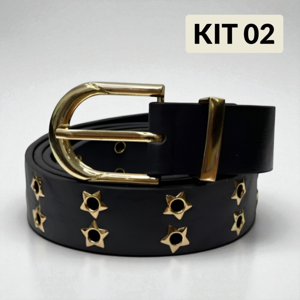 KIT 02 Cinto Couro Pu Com Detalhe Ilhós Estrela Dourada Estiloso Feminino Para Festa