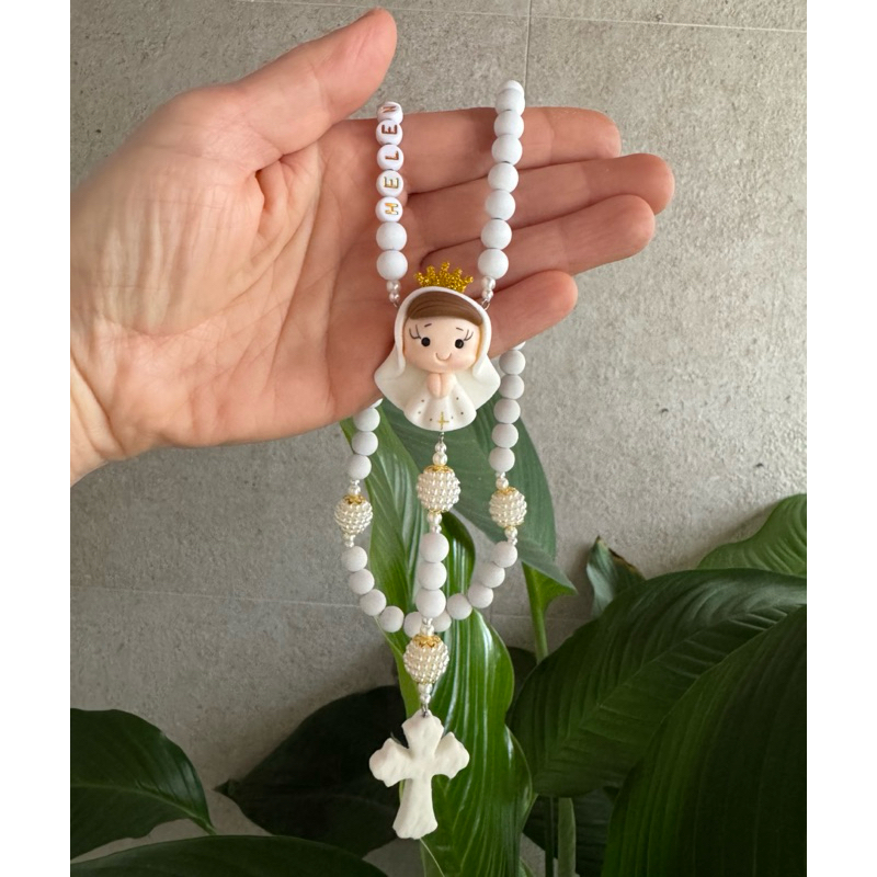 Terço batizado Nossa Senhora de Fátima kit com caixa de presente e organza terço infantil personalizado