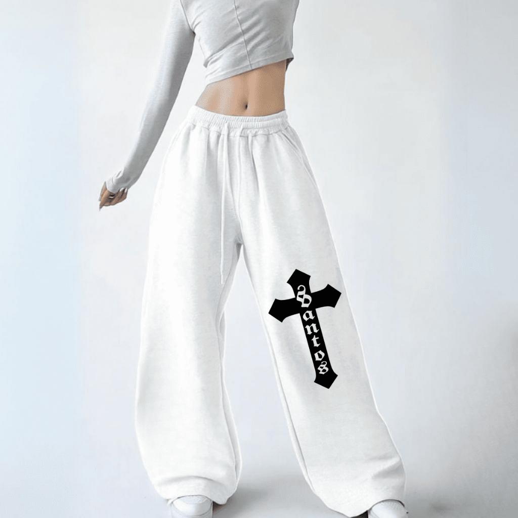 Calça Larga de Moletom Wide Leg Unissex Premium Estilosa Streetwear Hip Hop Cruz Santos