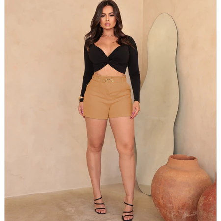 Short Feminino Alfaiataria com Cinto Forrado Social cintura alta