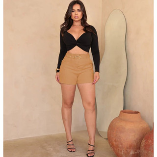 Short Feminino Alfaiataria com Cinto Forrado Social cintura alta