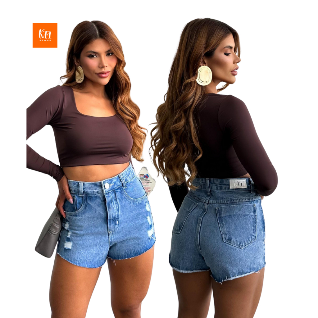 Short jeans feminino destroyed premium sem lycra barra cortada