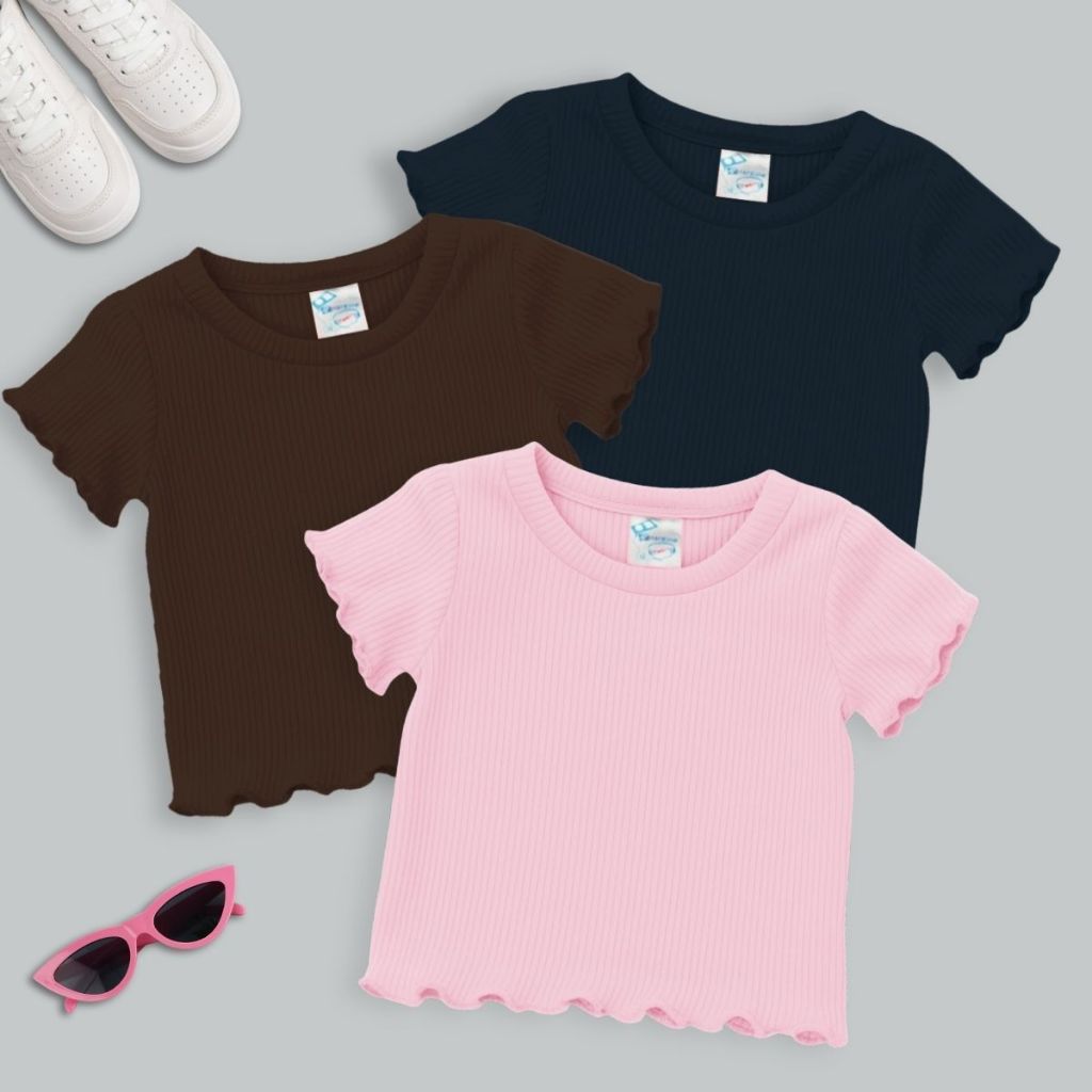 Kit 3 Blusas Cropped Infantis Femininas Malha Canelada.  Tamanhos 8 ao 14