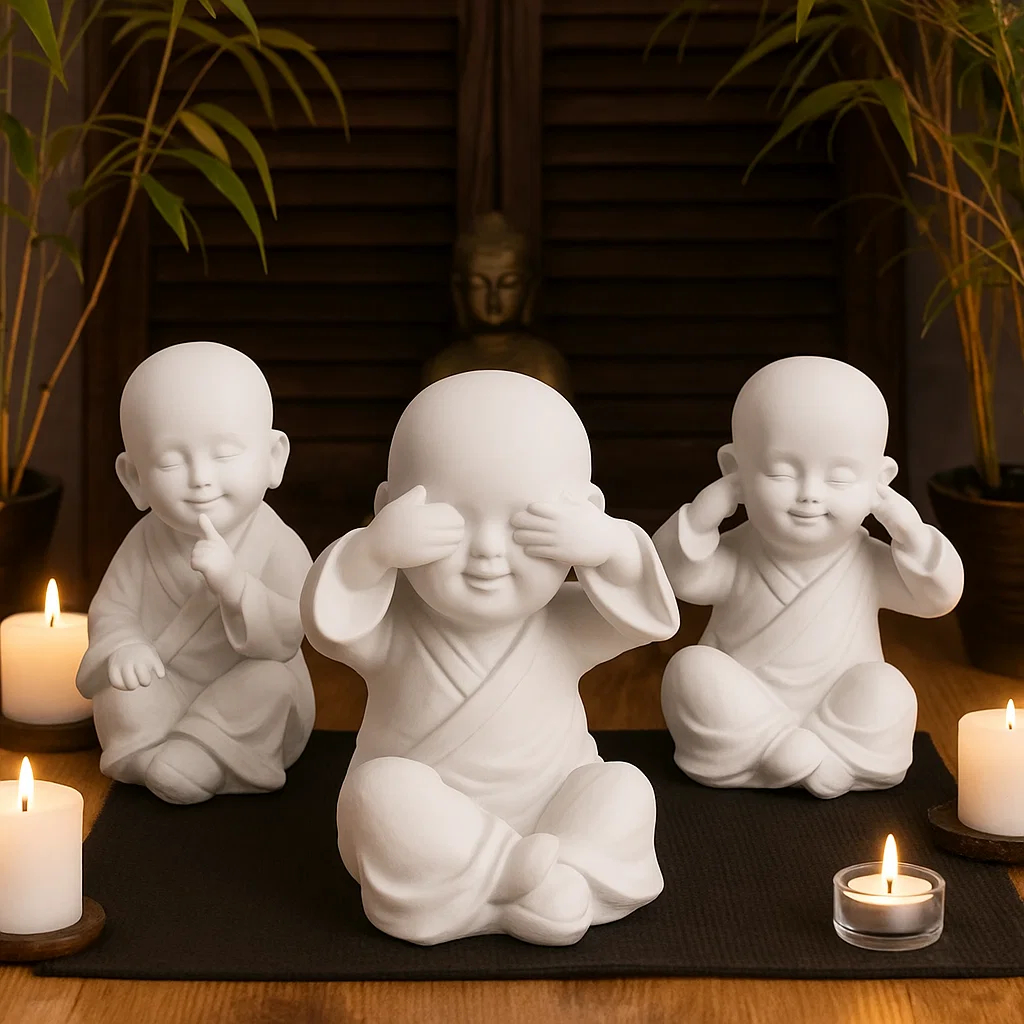 Miniatura 3 Budas Sabedoria Decoração Ambiente Religioso Paz Espiritual Tranquilidade Meditação Harmonia Mesa Presente