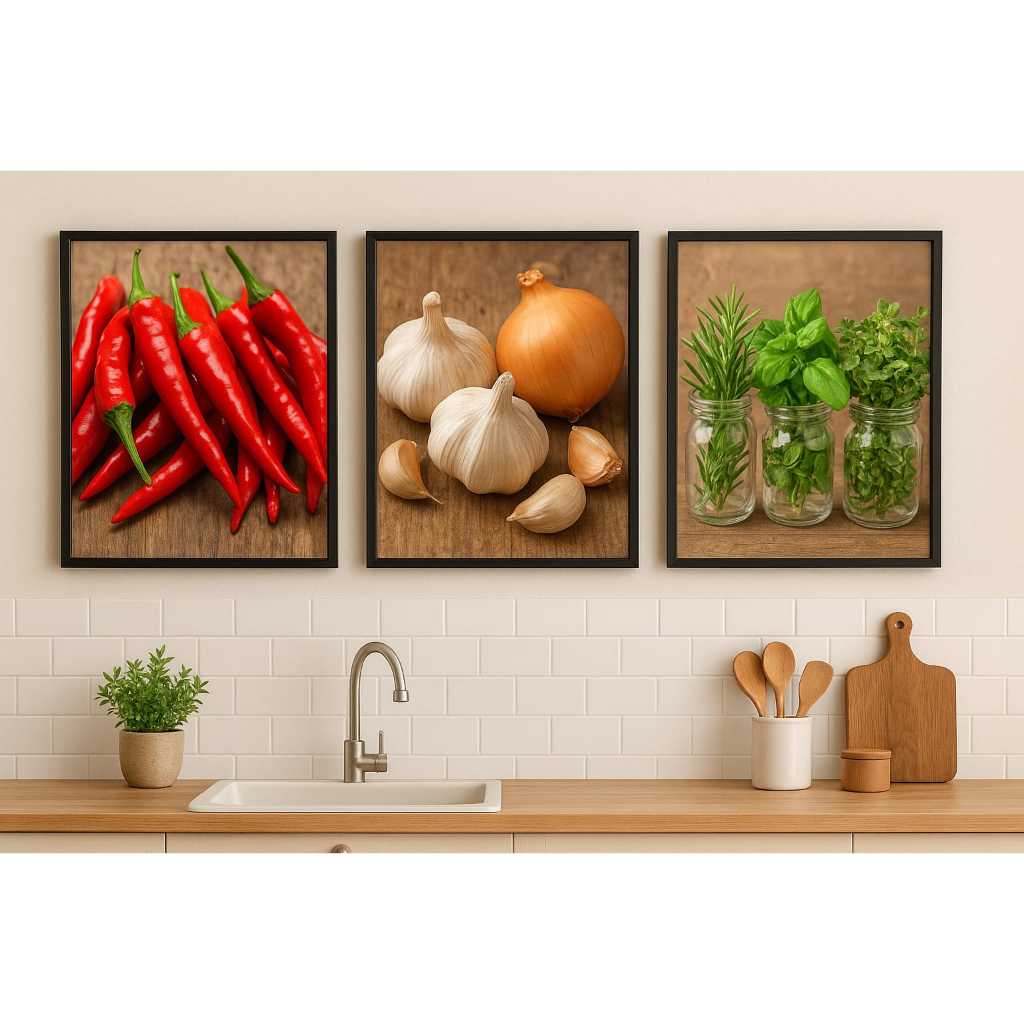 Kit 3 Quadros Decorativos Cozinha Gourmet Pimenta Alho Cebola Temperos Moldura Fake 20x30 60x40