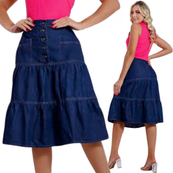 Saia Jeans Com Botões Frontais E Bolsos Funcionais