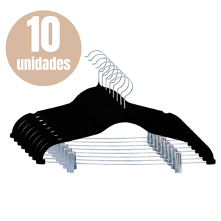 Kit 10 Cabides Veludo Presilha Preto Adulto Grande Reforçado Premium Atacado Calça Saia Camiseta em Oferta na Shopee