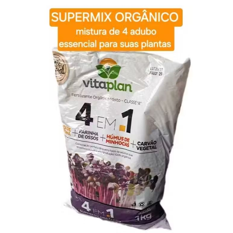 Adubo Fertilizante 4 em 1 Torta Mamona Farinha Ossos Humus de Minhoca e Carvão Vegetal 1Kg Nutriplan