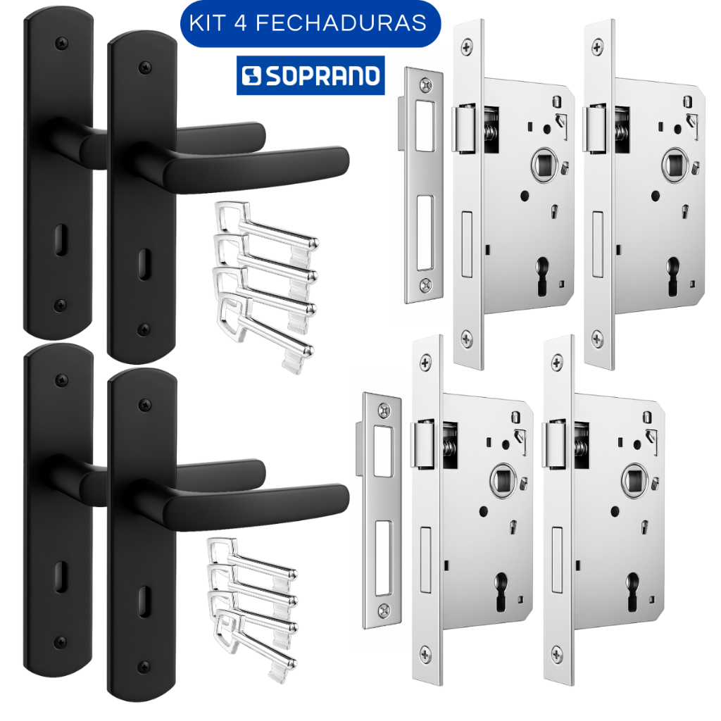 Kit 4 Fechaduras Porta Madeira Quarto Interna Soprano Ipanema Residencial Completa Inoxidável 40mm