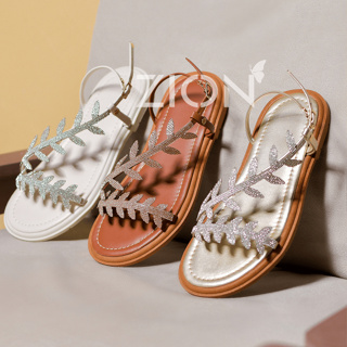 Sandália Feminina Papete Rasteirinha Flat Strass Flor Folha Brilho Dourada branca Verão em Oferta na Shopee