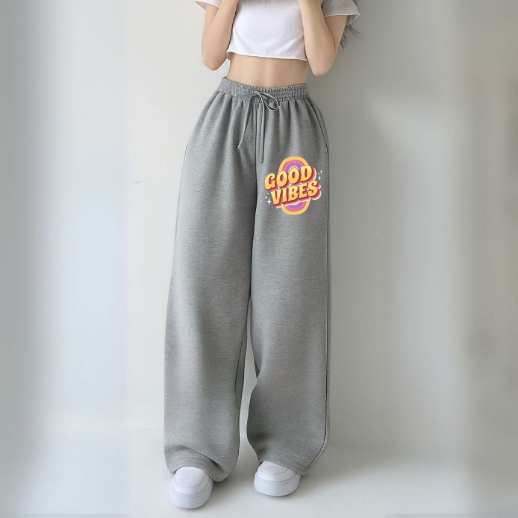 Calça Larga de Moletom Wide Leg Unissex Premium Estilosa Streetwear Hip Hop Good Vibes