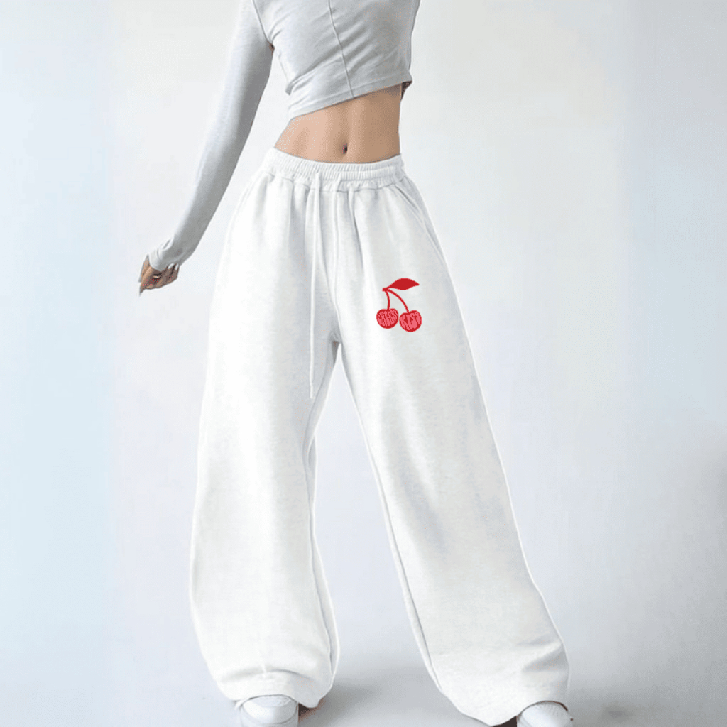 Calça Larga de Moletom Wide Leg Unissex Premium Estilosa Streetwear Hip Hop Cereja Cherry Kiss