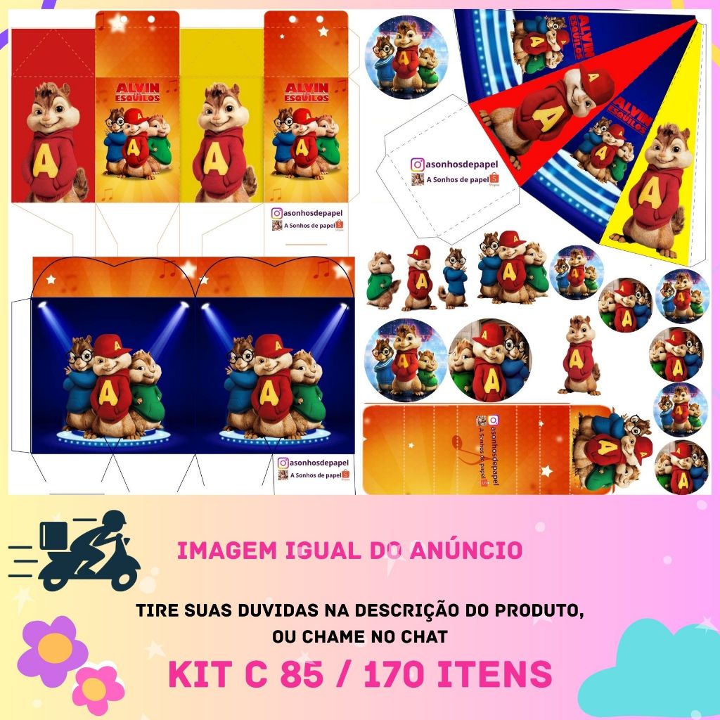 kit c/ 85 ou 170 itens Lembrabcinha - ALVIN  ESQUILOS  - COM NOME Personalizado