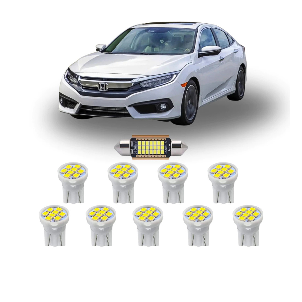KIT Lâmpada Led Honda Civic 2017 a 2019 ( Porta Malas Placa Farolete Ré Teto )  New Civic G9 G10 T10 torpedo pingo