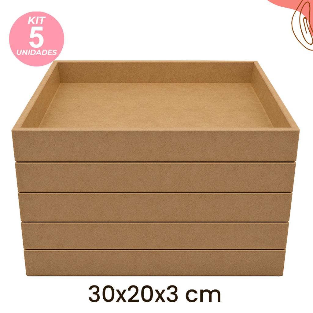 Kit 5 Bandejas MDF Multiuso Reta Resistente Retangular Baixa 30x20x3 Artesanato Festa Organização