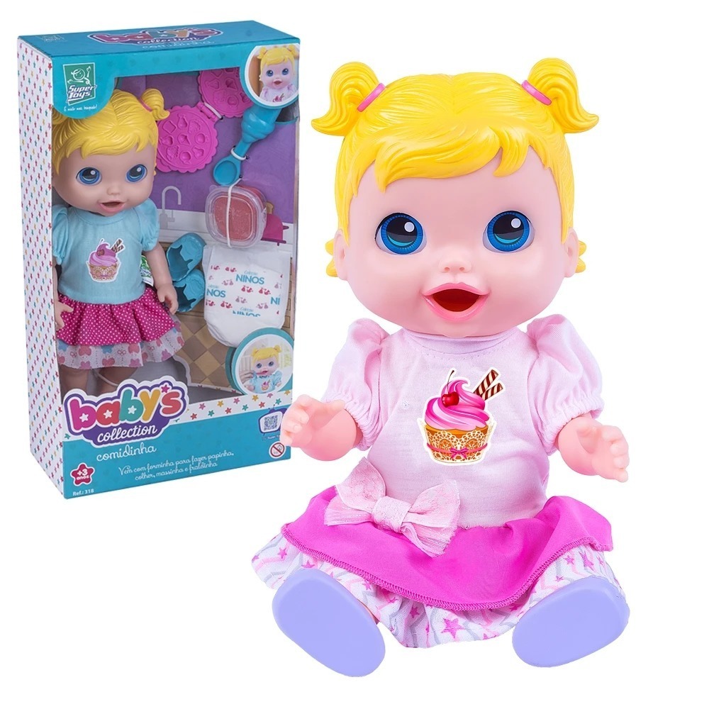 Boneca Babys Collection Original Comidinha Come e Faz Caquinha Menina Super Toys