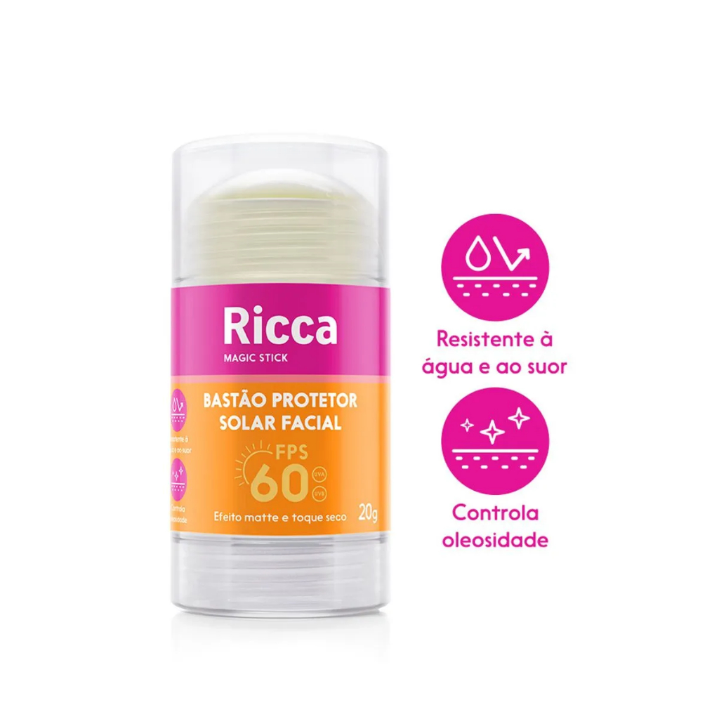 Protetor Solar em Bastão Stick FPS60 Toque Seco Efeito Matte Resistente a Agua Suor Ricca