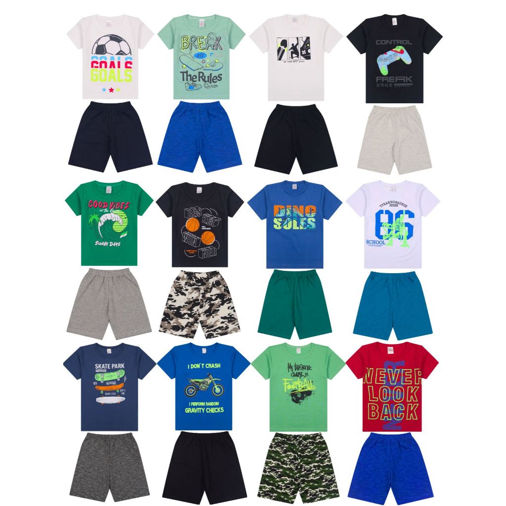 Kit 10 Peças Sortidas Conjunto Infantil Menino Juvenil - 5 Camisetas + 5 Bermudas