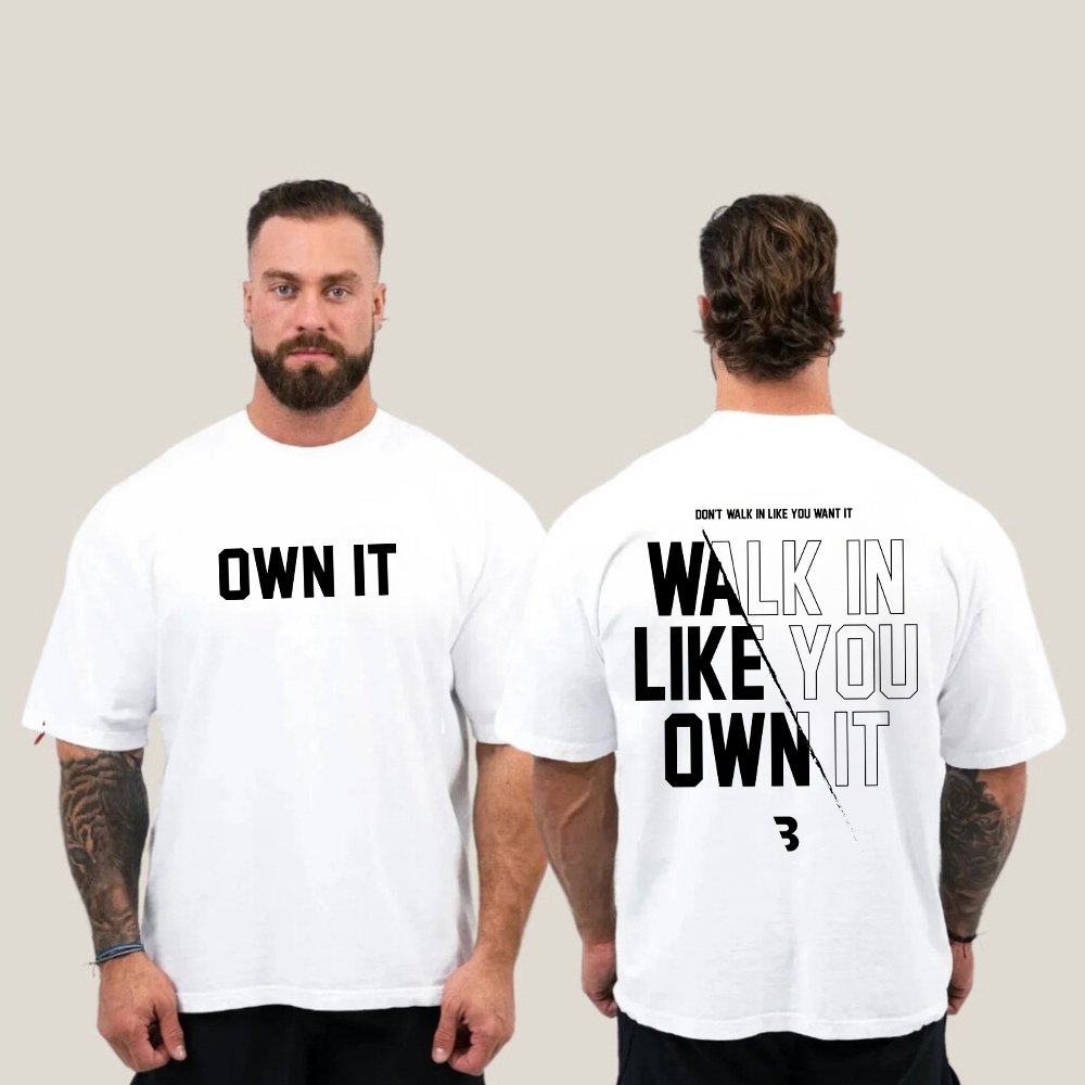 Camiseta Own It Premium Oversized Camiseta Frase Costas Academia Confortavel Estilosa Unissex