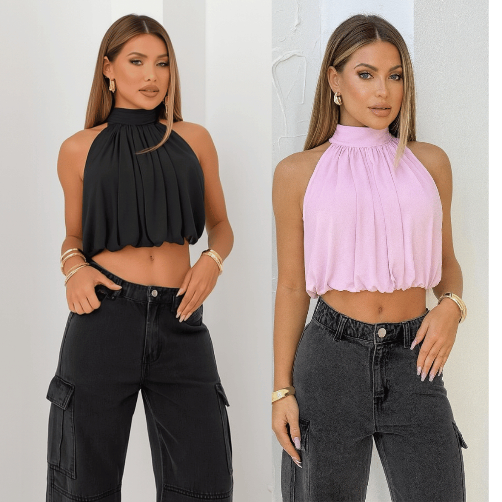 Cropped Feminino Balona  Gola Alta Estilo Plissado 2,0 em Oferta na Shopee