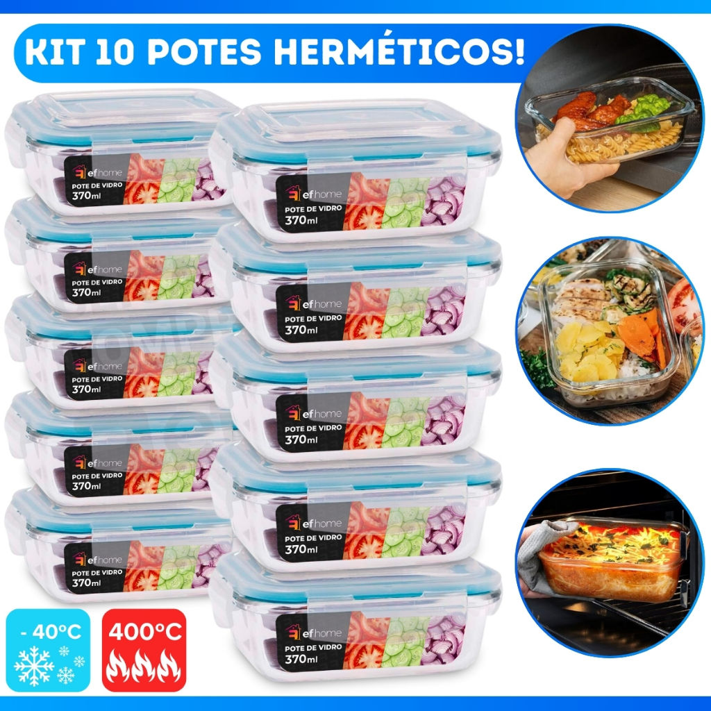 Kit 10 Pote Vidro 370ml Marmita Fitness Tampa Hermética 4 Travas
