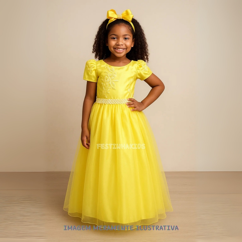 Vestido Infantil Enjoy Longo A Bela e a Fera Amarelo Daminha Formatura Festas