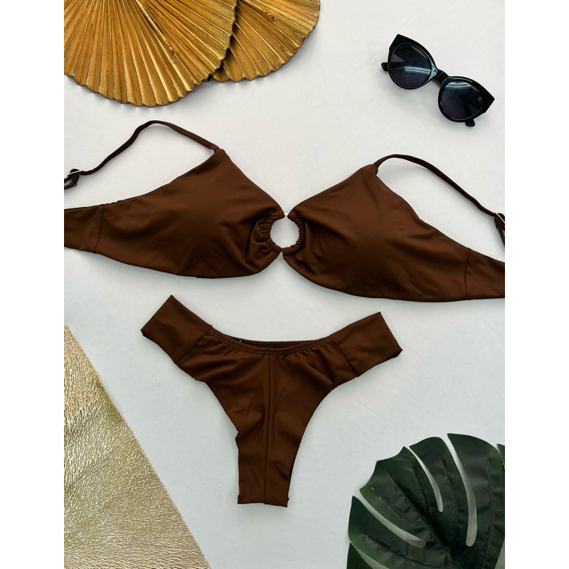 Biquíni Feminino Cortininha com Argola com bojo removível alça regulável forrado - Calcinha alta