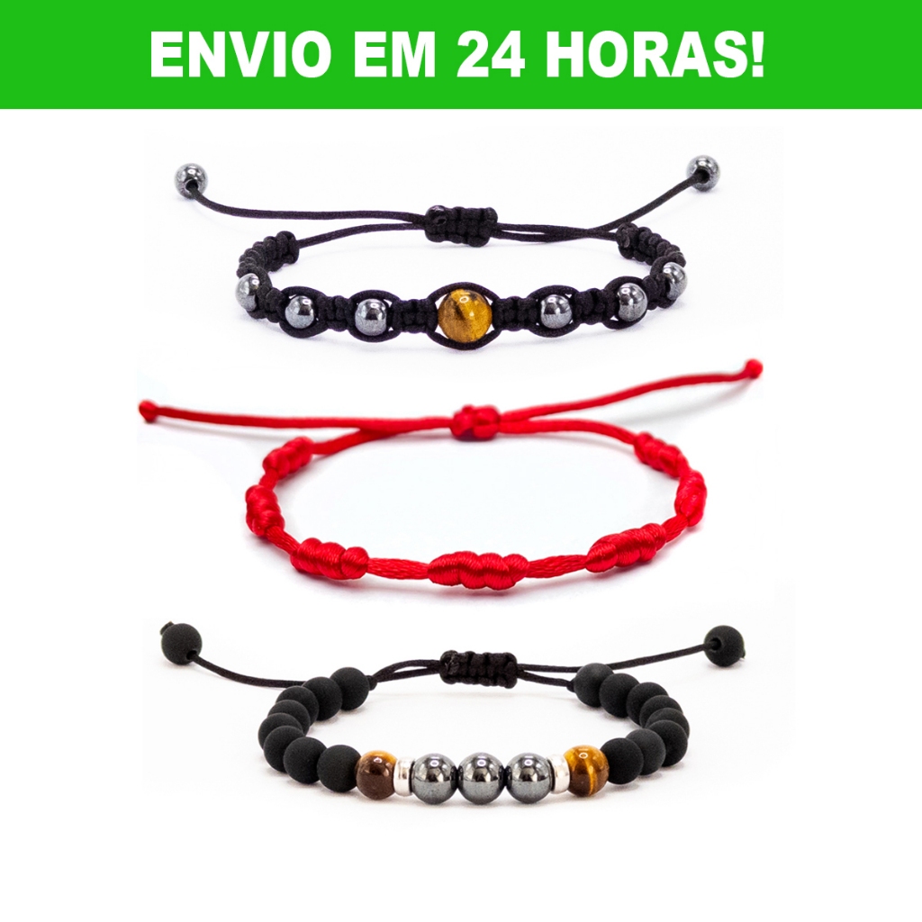Kit Pulseira 7 Nos Vermelha e Pulseira de Pedra Natural Hematita Olho de Tigre - Ajustável em Oferta na Shopee