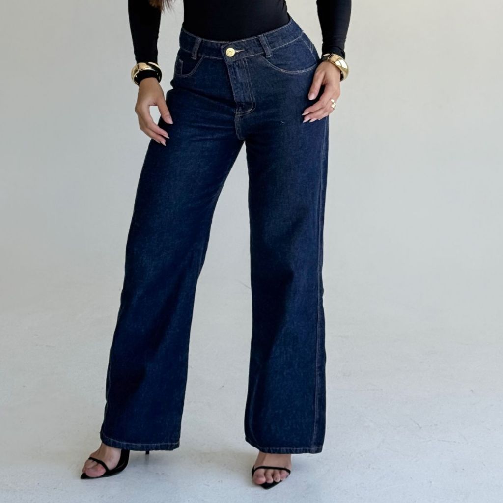 Calça Jeans Feminina Wide Leg Pantalona Escura Cintura Alta 100% Algodão Premium Basica