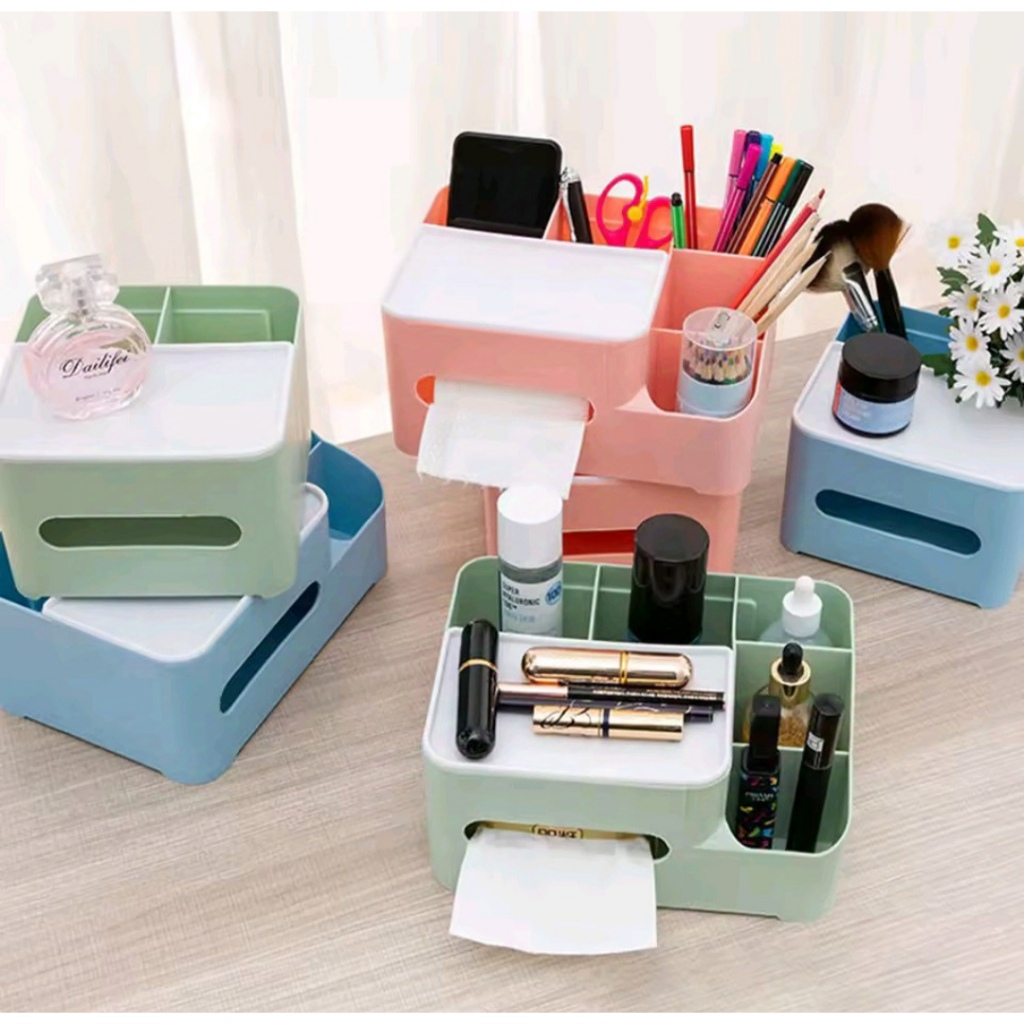 Organizador Multifuncional com Dispenser para Lenços – Porta-Objetos para Maquiagem, Escritório ou Banheiro