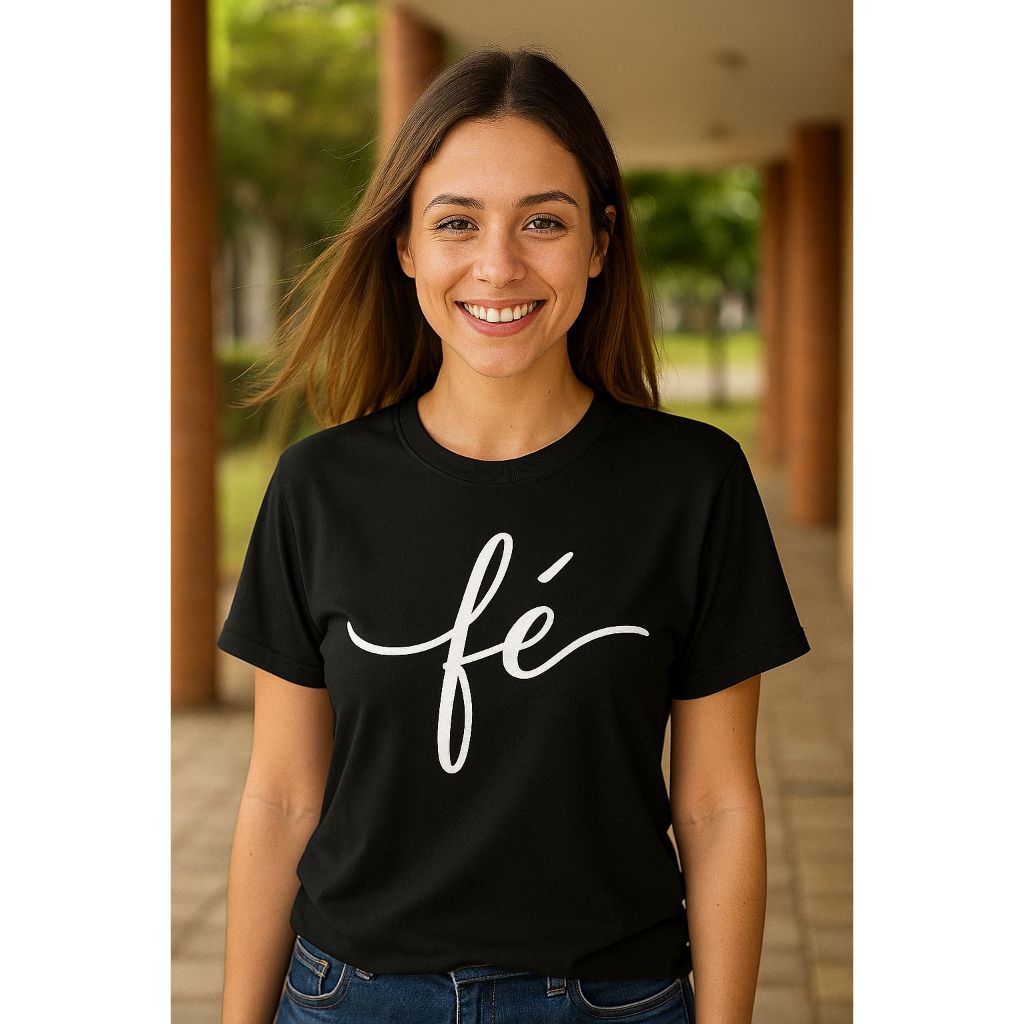 Camiseta Fé Feminina Estampada Religiosa Gospel Cristã Streetwear Algodão Premium Confortável Preta